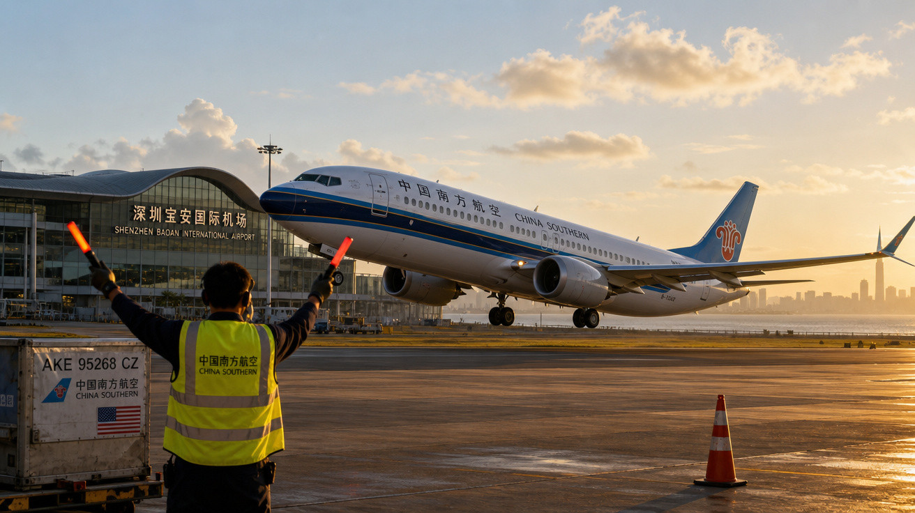 Avião China Southern a aterrar ao pôr do sol no Aeroporto Internacional de Shenzhen Bao'an, com funcionário a sinalizar.