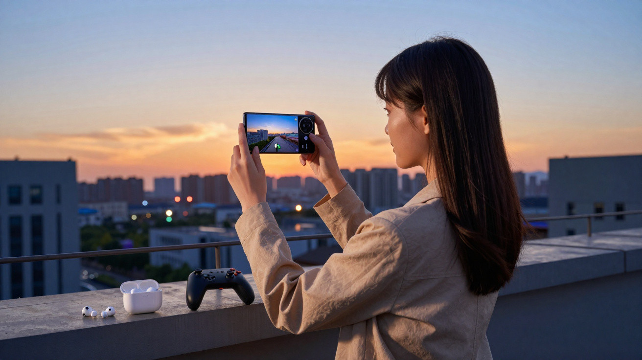 Mulher a tirar foto de uma cidade ao pôr do sol numa varanda, com auscultadores e comando de videojogo.