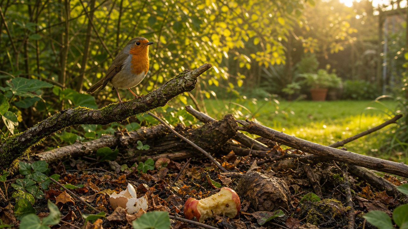 Pássaro com peito vermelho pousado num ramo seco num bosque iluminado pelo sol ao entardecer.