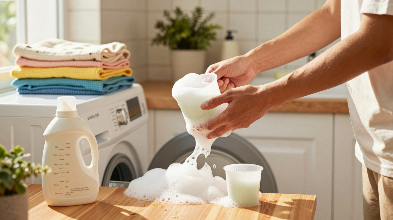 Pessoa a verter detergente líquido com espuma para lavar roupa, com máquina e roupa dobrada ao fundo.