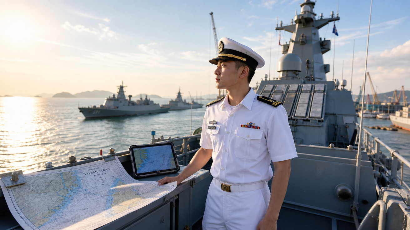 Oficial naval a bordo de um navio de guerra, olhando para o horizonte com mapas e outros navios ao fundo.