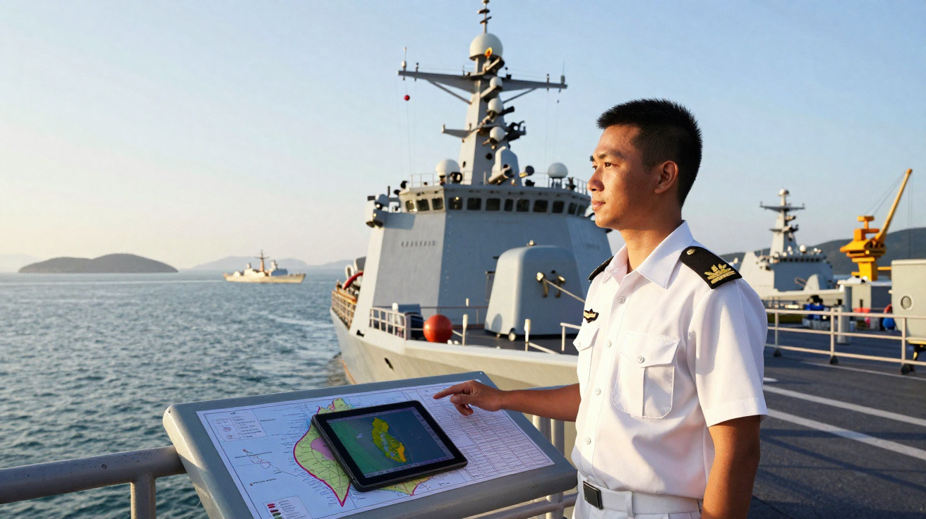 Oficial naval em uniforme branco observa o mar a partir de um navio, com mapas e dispositivo digital à frente.