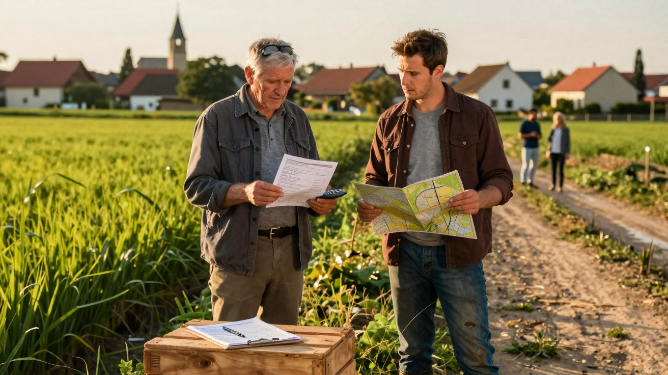 Dois homens com mapas e documentos discutem em caminho rural junto a campo verde e aldeia ao fundo.