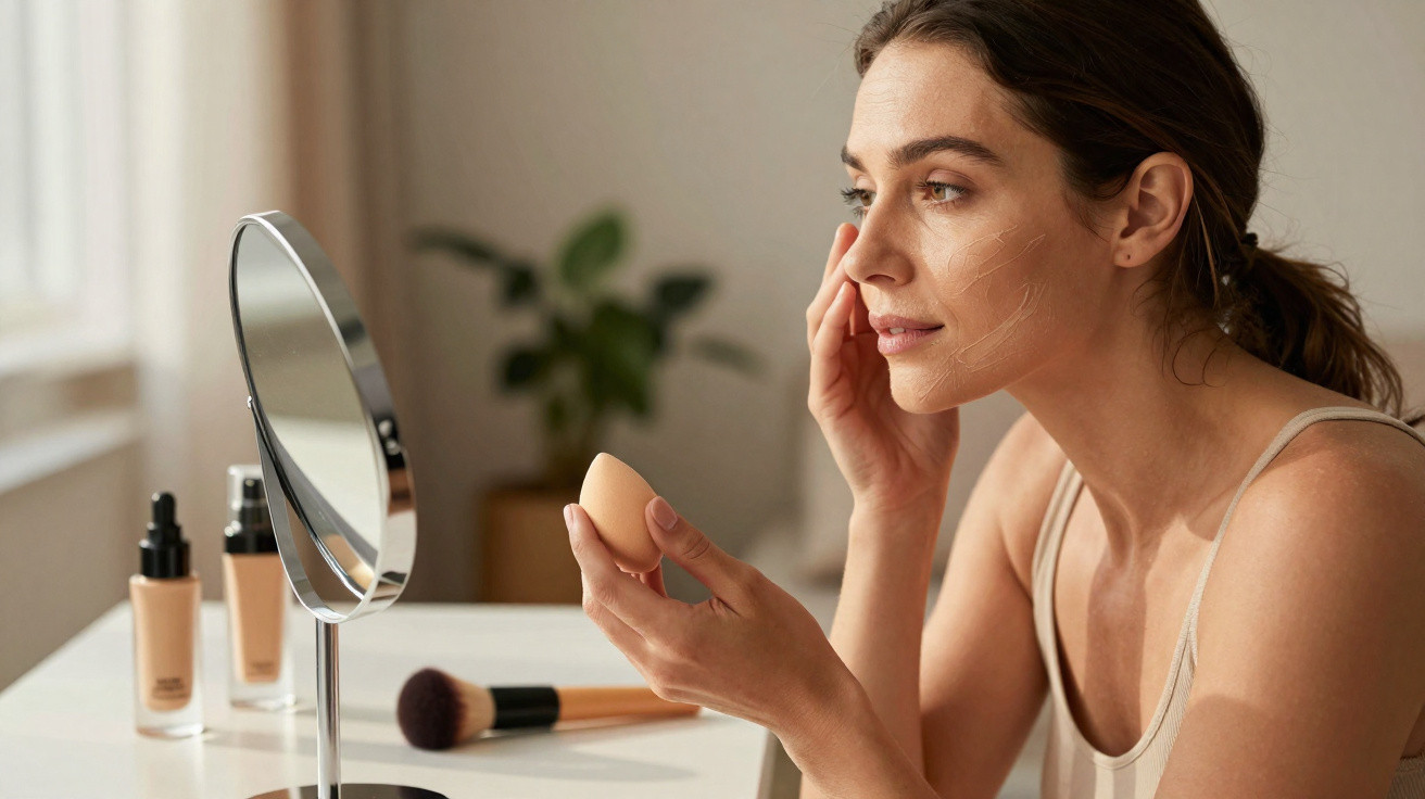 Mulher aplica maquilhagem no rosto sentada à mesa com espelho, esponja e produtos de beleza.