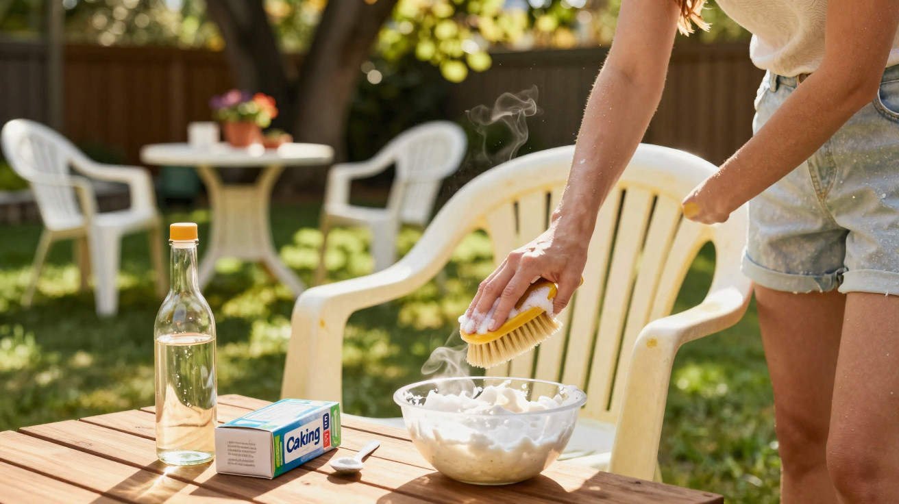 Pessoa a limpar uma superfície com uma escova, com utensílios de cozinha e cadeira de plástico ao fundo num jardim.