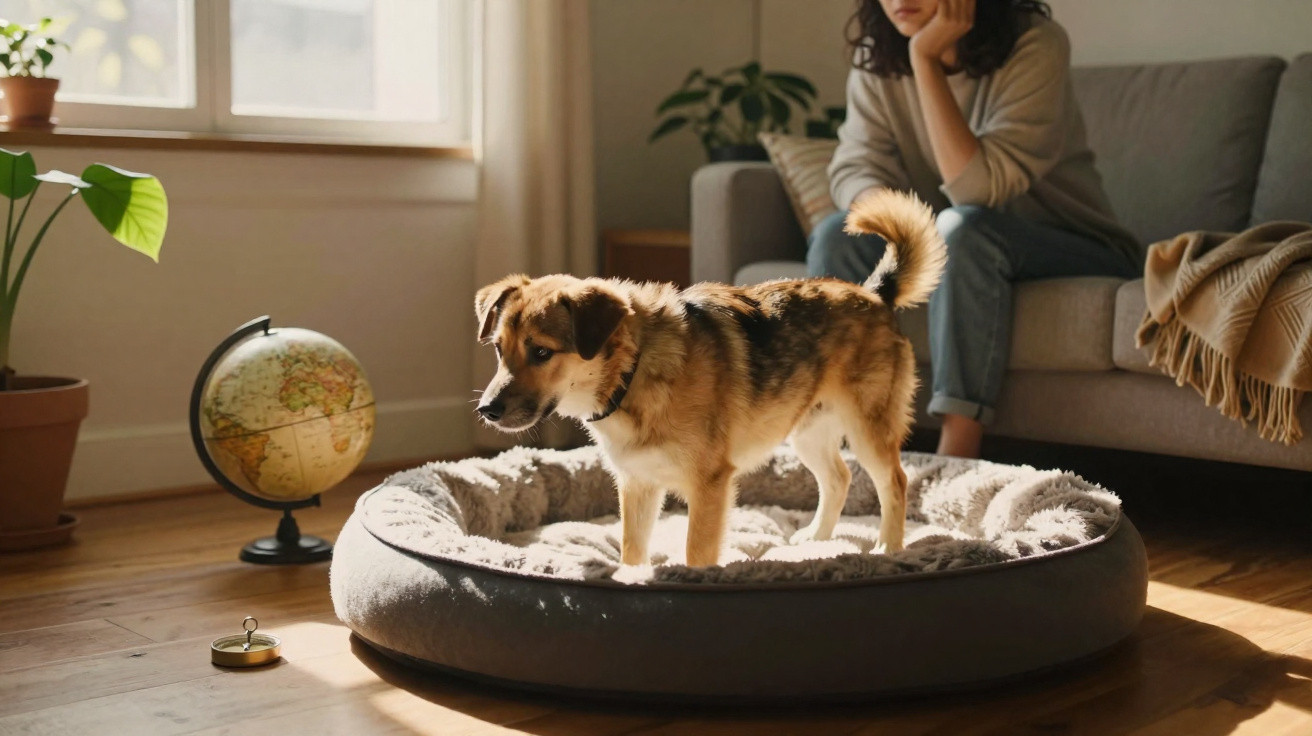 Cão em cama redonda no chão da sala iluminada, com pessoa sentada no sofá ao fundo.