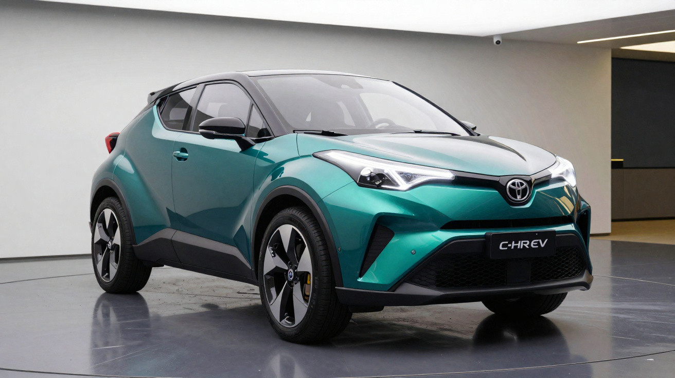 Carro elétrico Toyota C-HR EV verde em exposição num espaço moderno e bem iluminado.