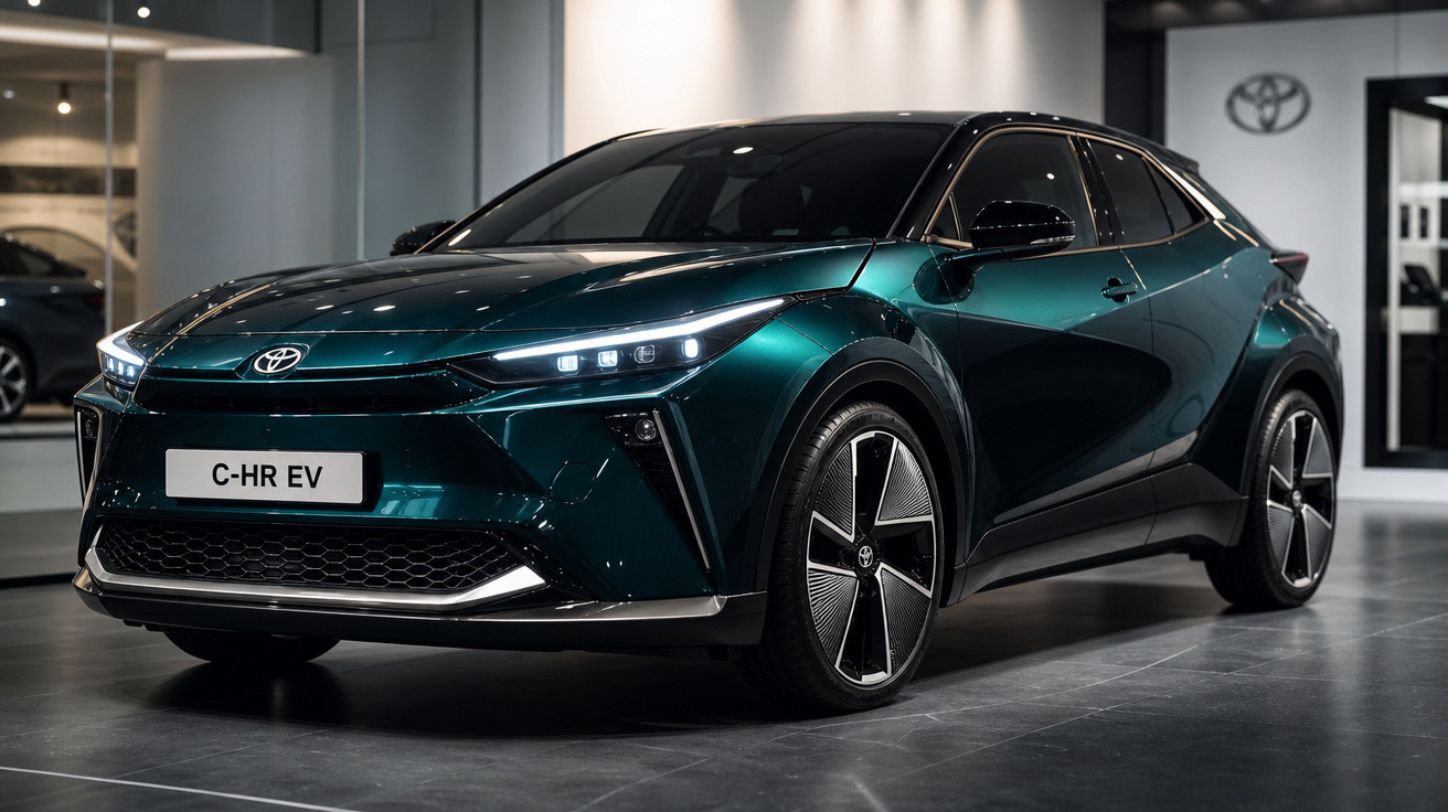 Toyota C-HR EV verde escuro elétrico exibido em showroom moderno com iluminação ambiente subtil.