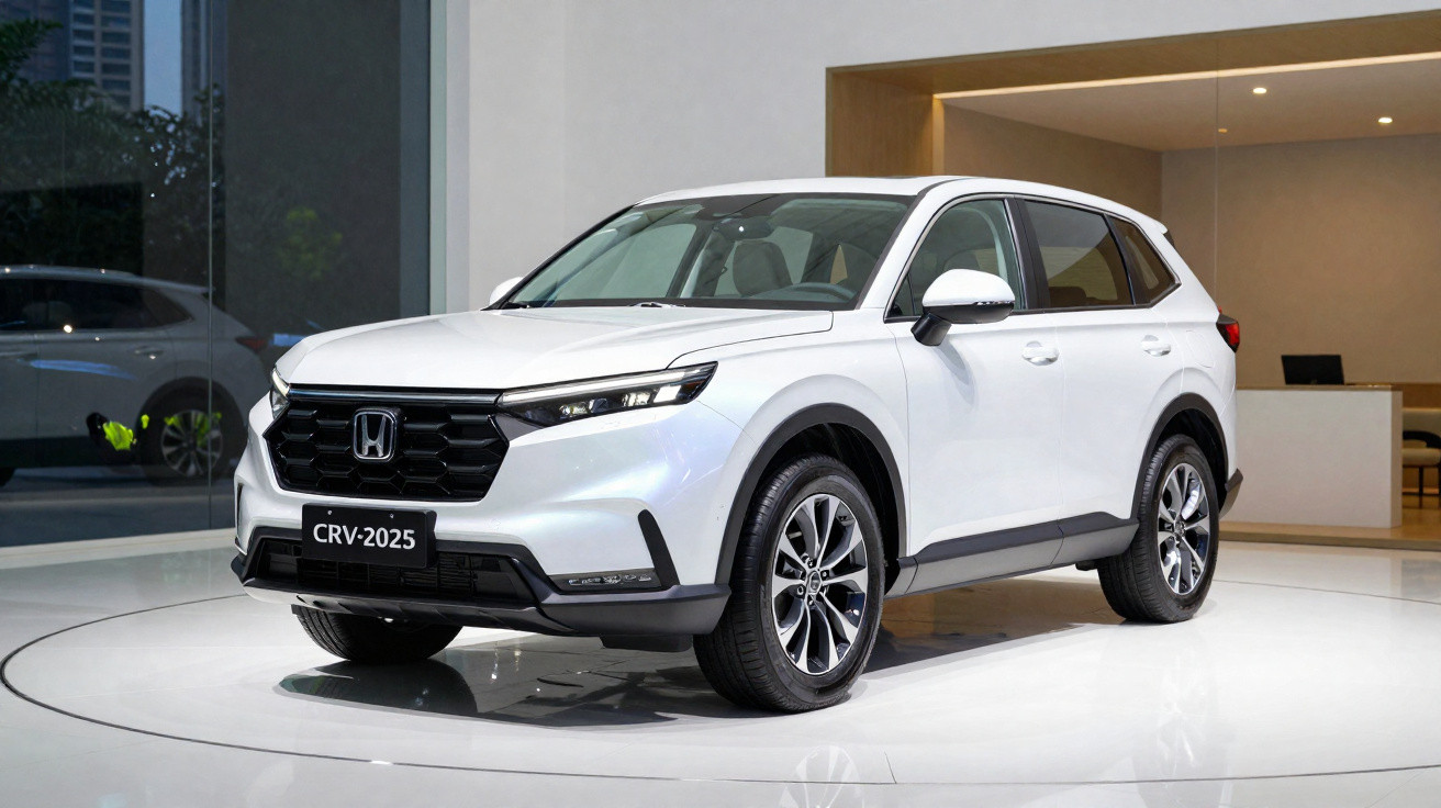 Automóvel Honda CRV 2025 branco em exposição numa sala moderna e iluminada.