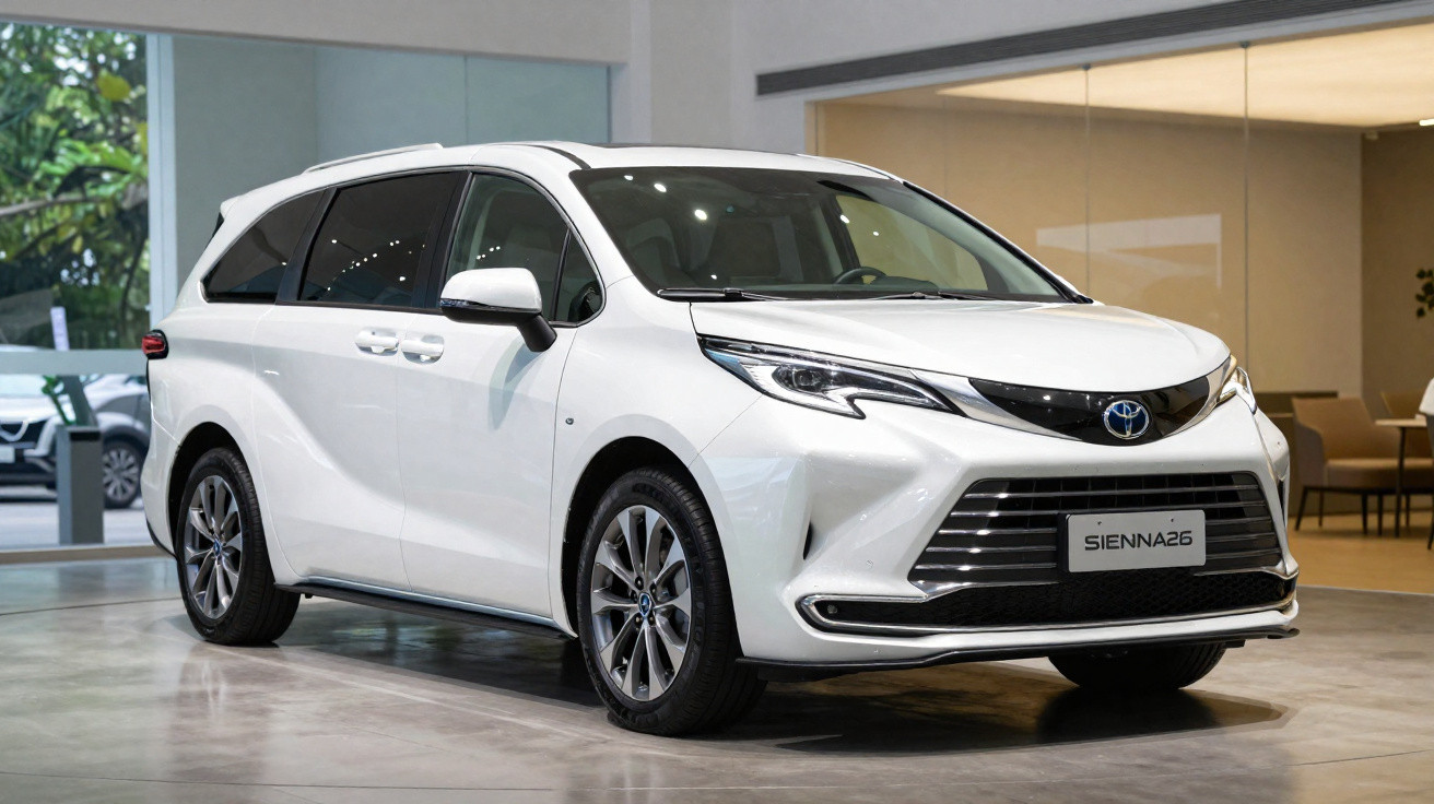 Automóvel Toyota Sienna branco estacionado numa sala de exposição.