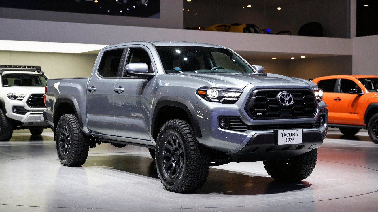 Picape Toyota Tacoma 2026 cinza exibida num salão automóvel com outras viaturas ao fundo.