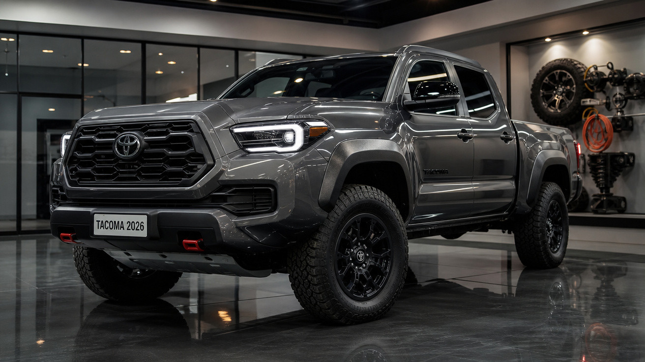 Picape Toyota Tacoma 2026 cinza metálico estacionada em showroom com pneus todo terreno.