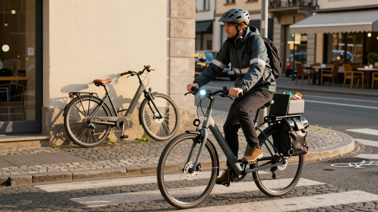 Homem com capacete a andar de bicicleta elétrica numa cidade, com mochilas e sacos de transporte.