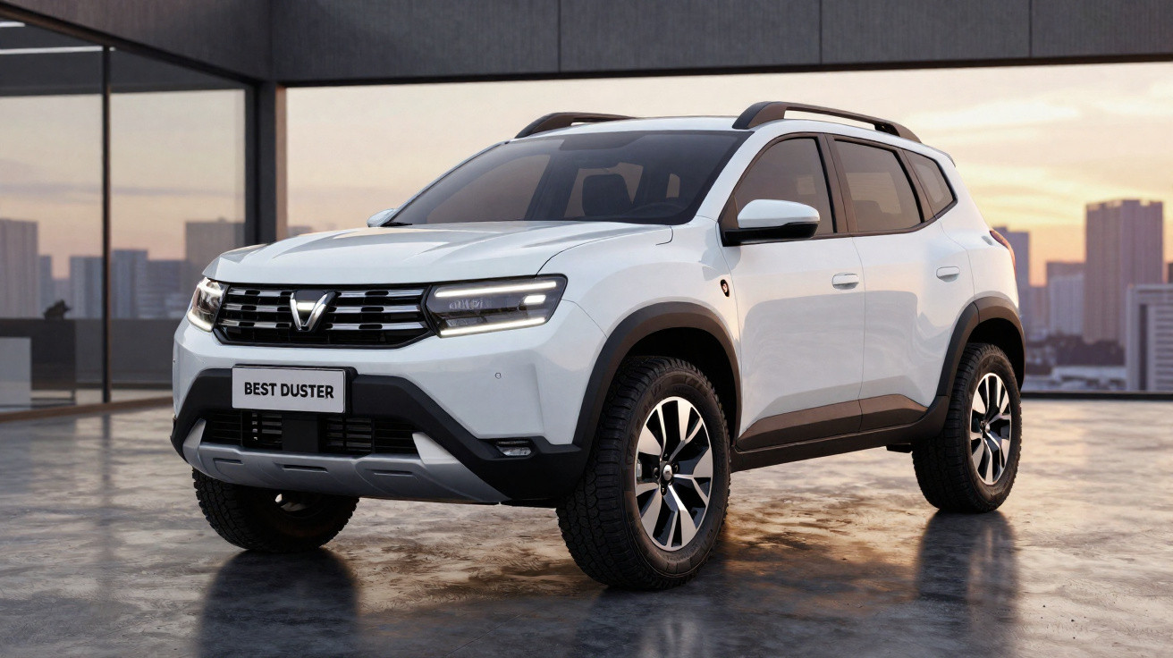 Carro branco SUV Best Duster estacionado num terraço com horizonte urbano ao pôr do sol.