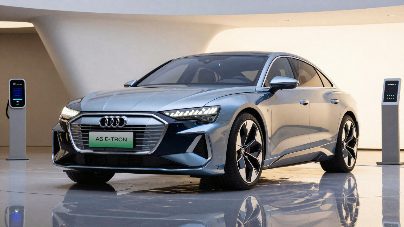 Carro elétrico Audi A6 e-tron cinzento estacionado entre dois postos de carregamento num espaço moderno.
