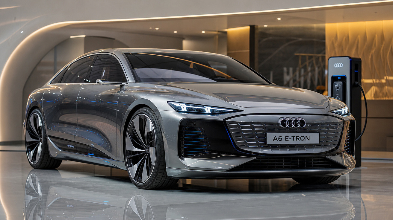 Carro elétrico Audi A6 E-Tron cinza estacionado junto a posto de carregamento em ambiente moderno interior.
