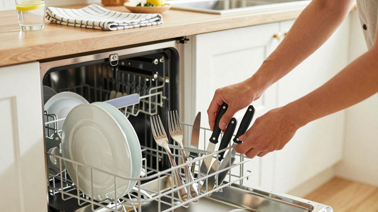 Pessoa a guardar talheres e pratos numa máquina de lavar loiça numa cozinha moderna.
