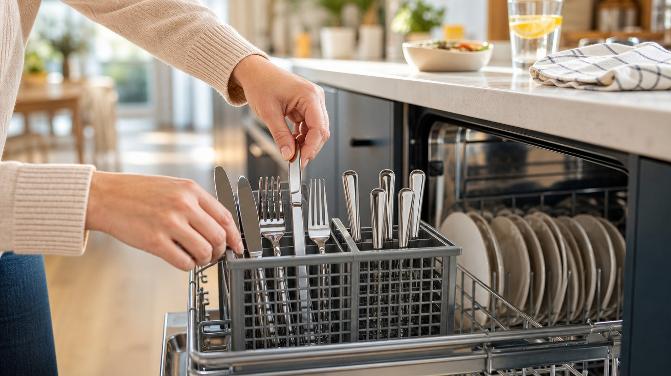 Pessoa a retirar talheres limpos de uma gaveta de máquina de lavar louça numa cozinha moderna.