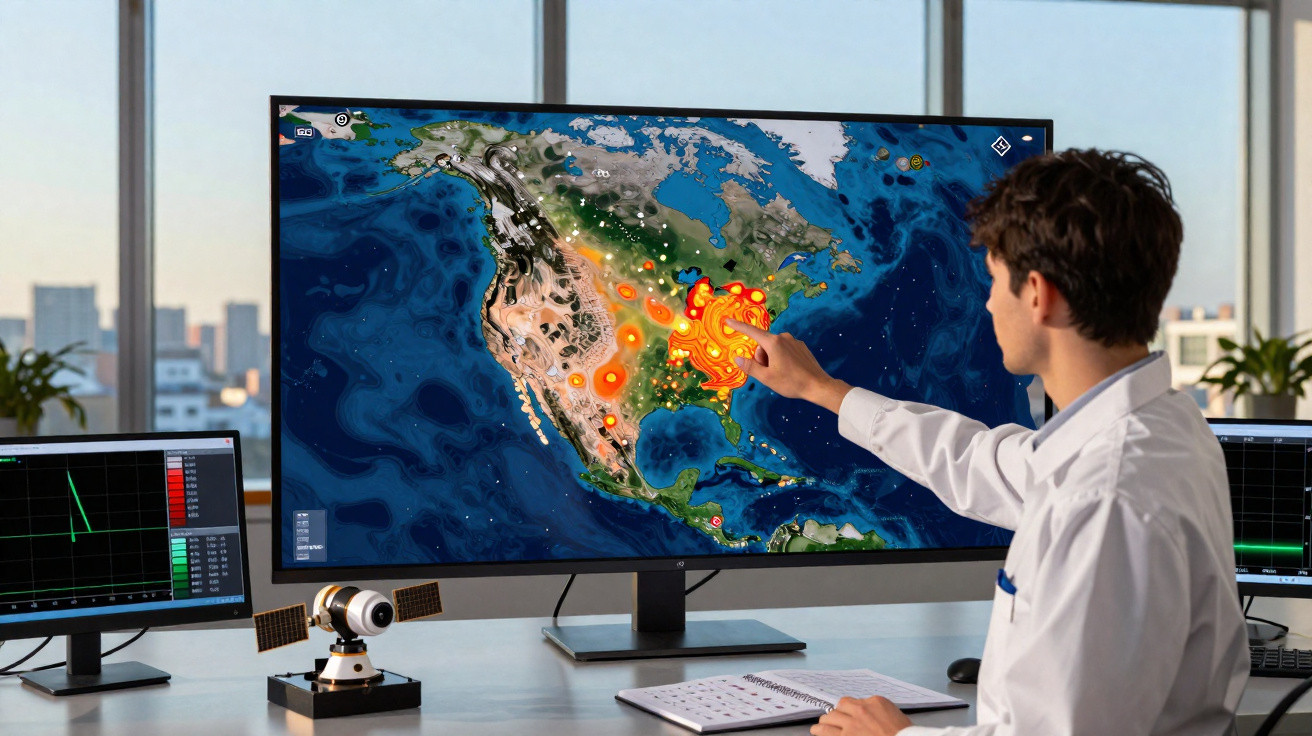 Cientista analisa monitor com mapa térmico da América do Norte e dados sísmicos num laboratório moderno.