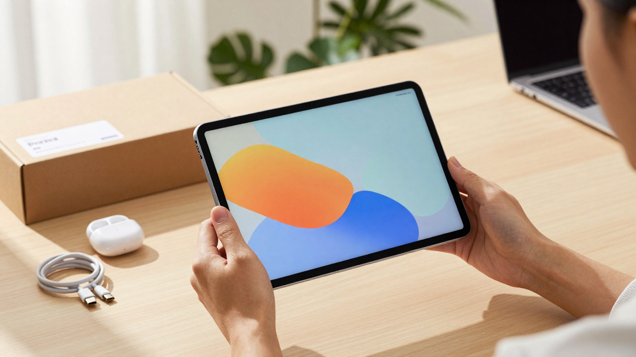 Pessoa a segurar um tablet com ecrã colorido, ao lado de auscultadores e cabo de carregamento numa mesa.