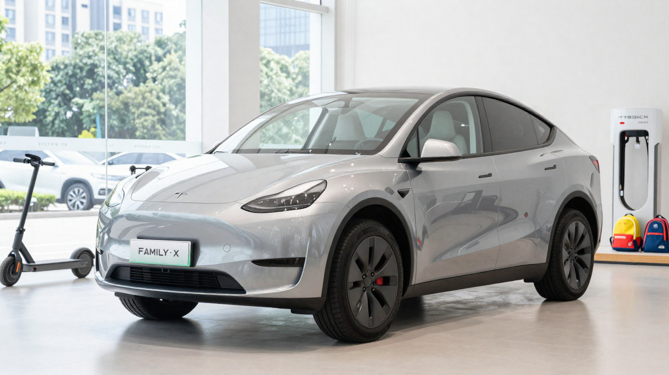 Carro elétrico cinza Tesla Model Y Family-X exibido em showroom moderno com patinete elétrico ao lado.