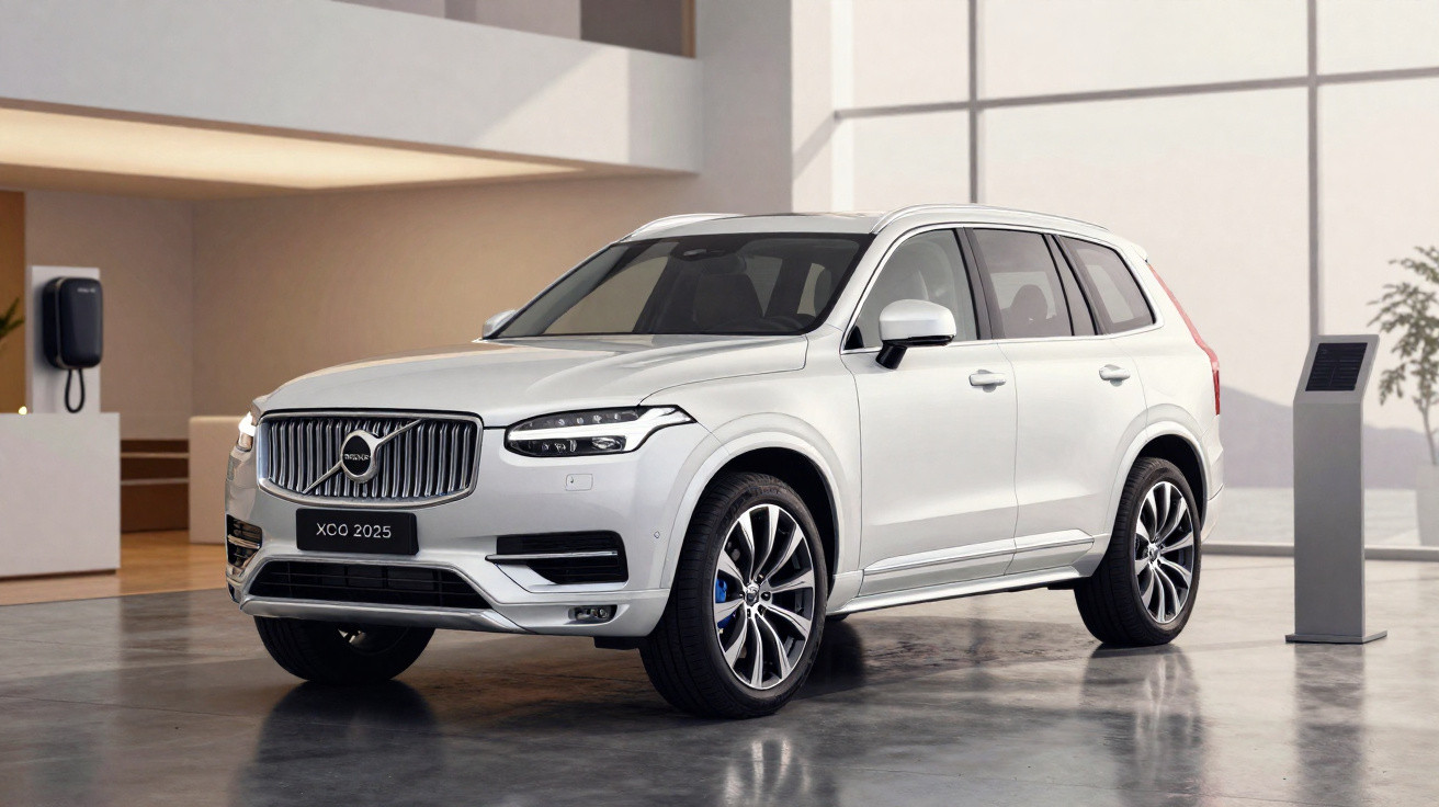 Carro Volvo XC90 branco estacionado em ambiente interior moderno com parede de vidro e pontos de carregamento elétrico.