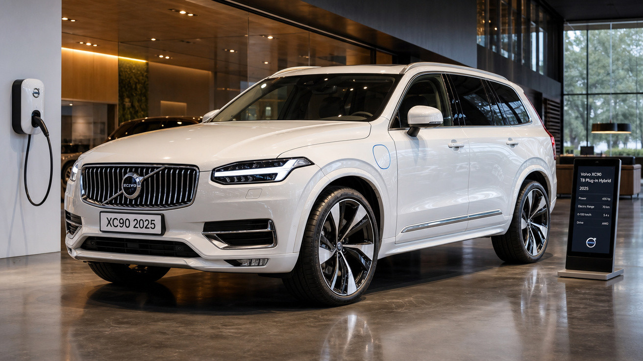 Volvo XC90 branco modelo 2025 plug-in híbrido em exposição num showroom moderno.
