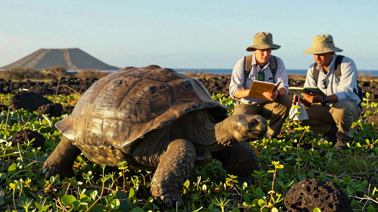 Tartaruga gigante na vegetação com dois investigadores a observar e anotar dados numa ilha vulcânica.