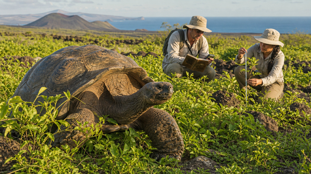 Tartaruga gigante em vegetação com dois investigadores a observá-la e anotar dados numa área costeira vulcânica.