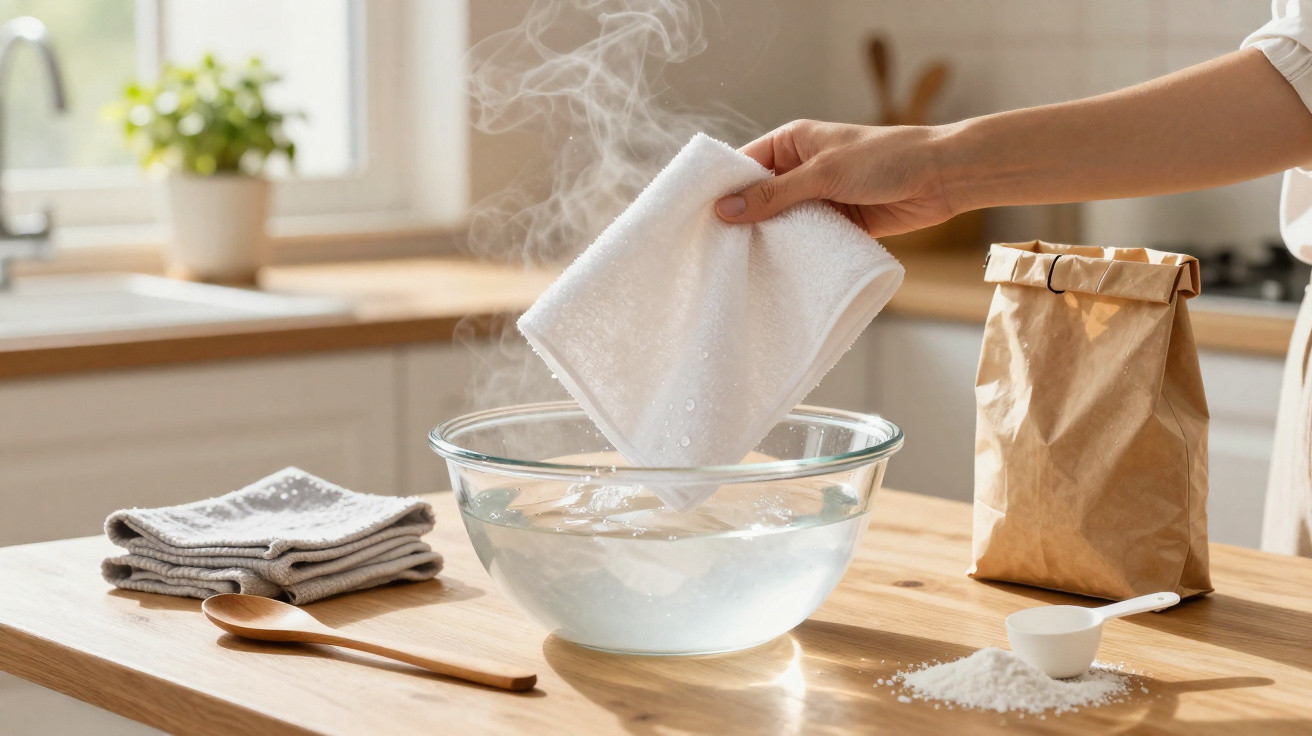Mão a mergulhar um pano branco em água quente num recipiente de vidro numa bancada de cozinha.