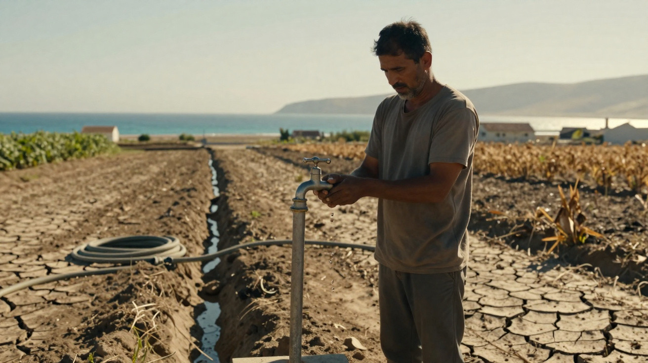 Homem com roupa simples tenta abrir torneira num campo seco e rachado com montanhas ao fundo.