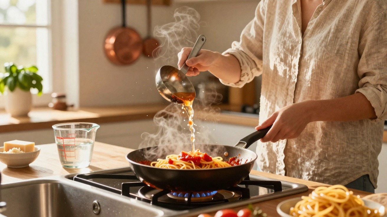 Pessoa a cozinhar esparguete com molho de tomate numa frigideira a lume numa cozinha moderna.