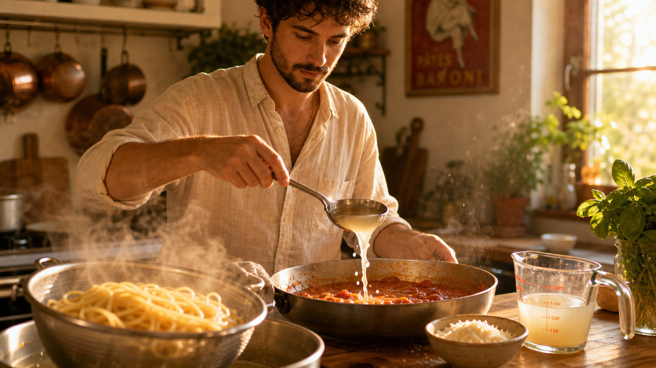 Homem a cozinhar massa com molho vermelho numa cozinha quente e acolhedora, rodeado de ingredientes.