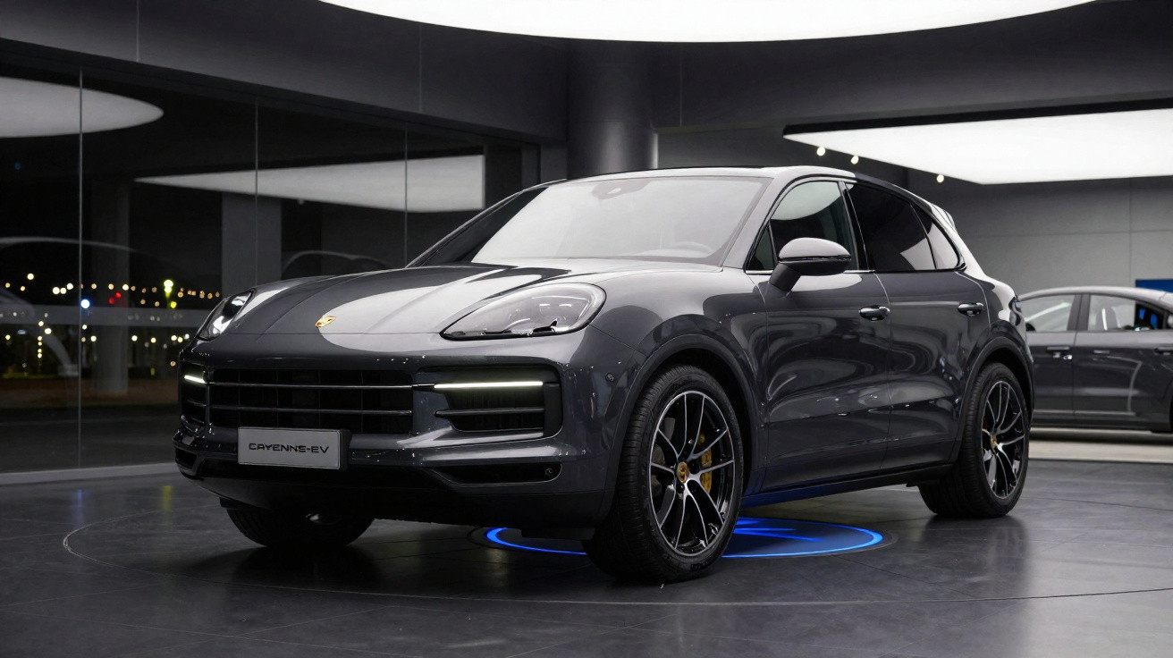 SUV elétrico Porsche Cayenne EV cinzento exibido em showroom moderno com iluminação suave.