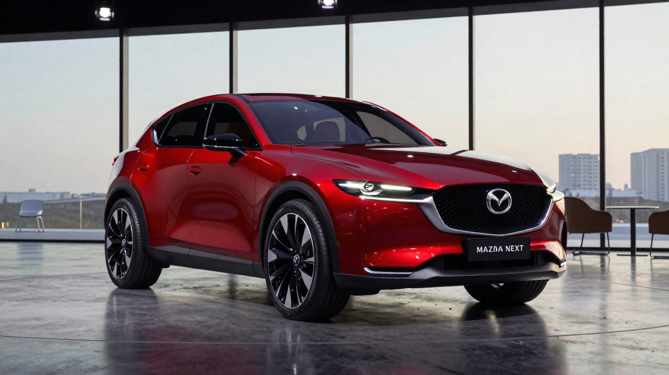 Carro Mazda Next vermelho, estiloso e moderno, com luzes LED, apresentado em ambiente interior espaçoso e iluminado.
