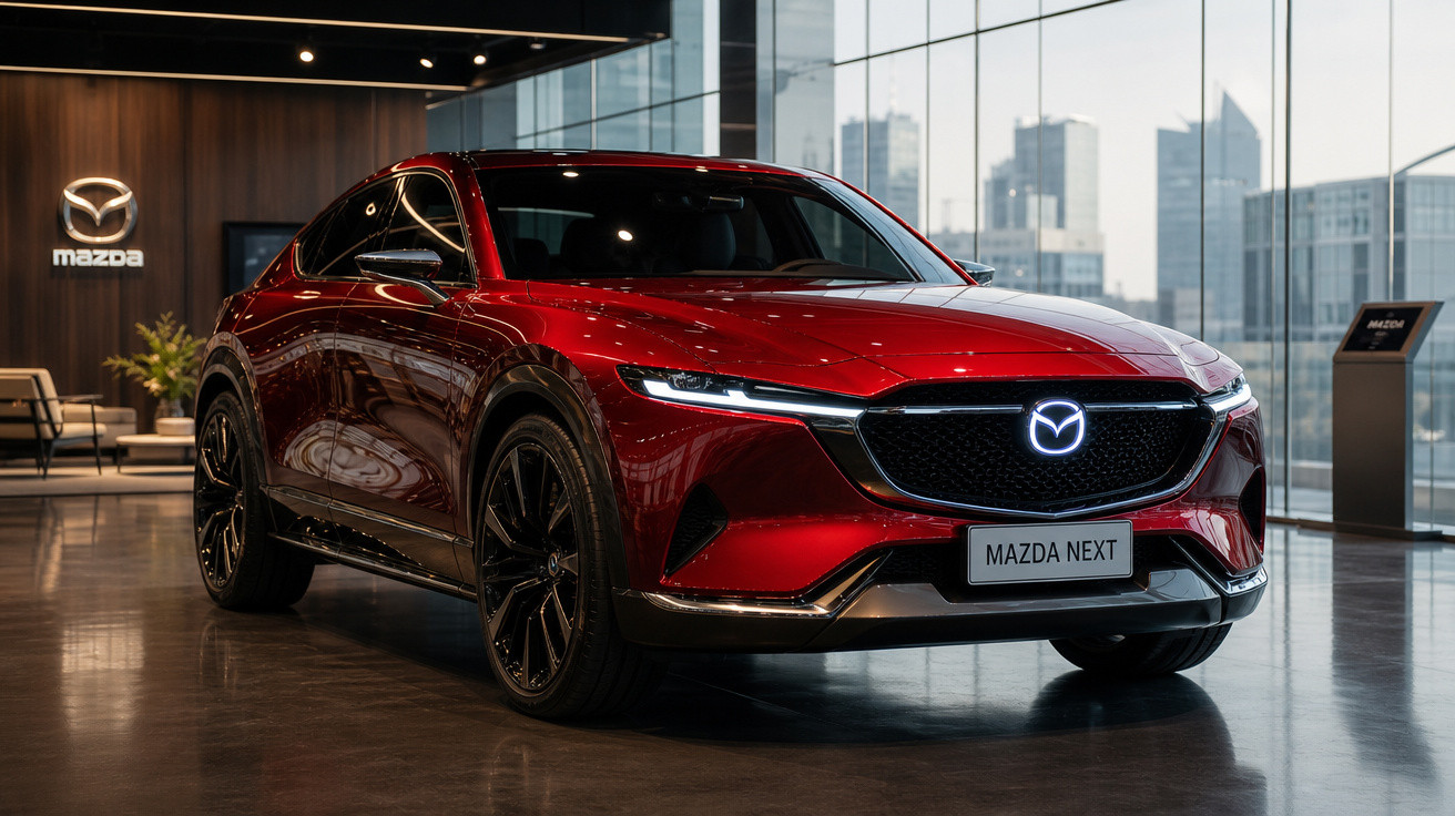 Automóvel Mazda vermelho modelo Mazda Next em exposição numa sala moderna com vista para prédios altos.