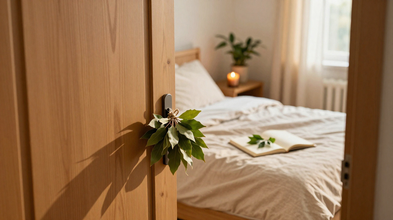Quarto com porta de madeira aberta, ramo de folhas pendurado, cama arrumada e vela acesa num criado-mudo.