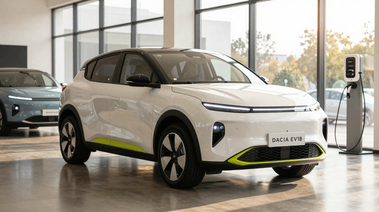 Carro elétrico branco Dacia EV18 estacionado em showroom, com estação de carregamento próxima.
