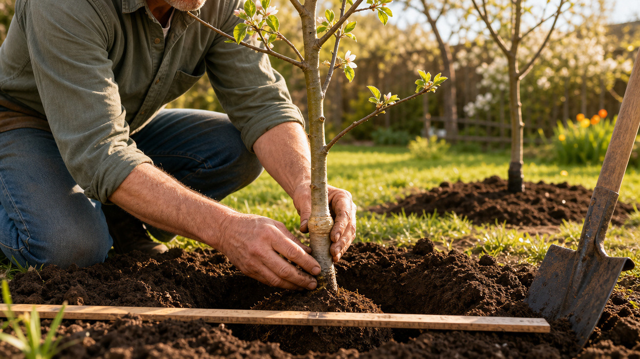 Homem a plantar uma árvore jovem num jardim com solo preparado e uma pá ao lado.