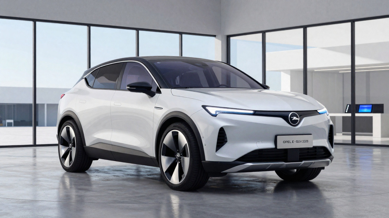 Carro elétrico branco Opel e-SUV 2025 em espaço interior moderno e minimalista com janelas amplas.