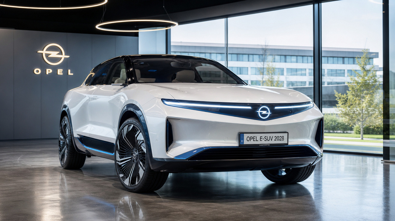 Automóvel elétrico Opel E-SUV 2028 branco em exposição moderna com janelas amplas.