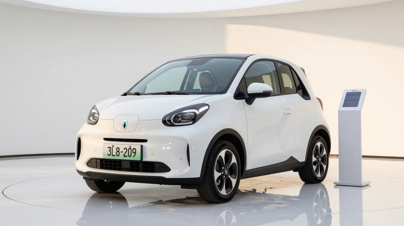 Carro elétrico branco compacto estacionado num espaço moderno e minimalista com chão refletor.