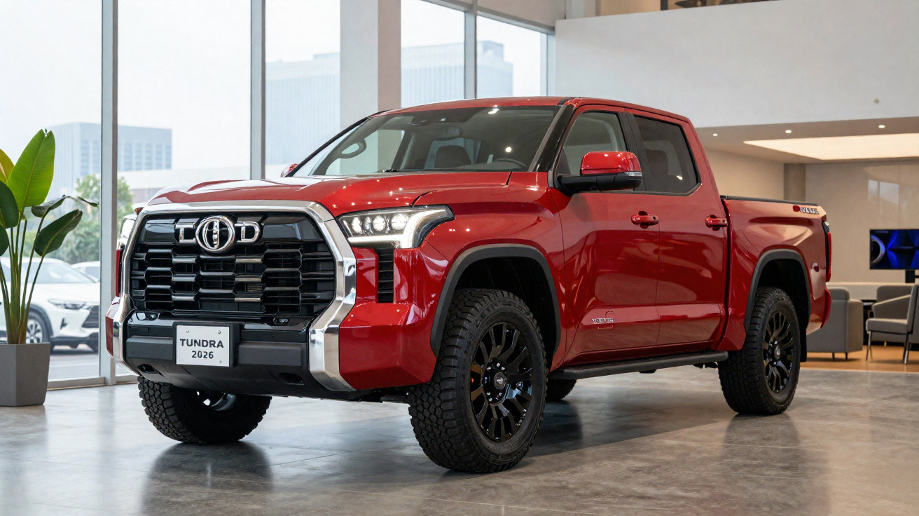 Picape Toyota Tundra 2026 vermelha exposta num salão moderno com vidros grandes.