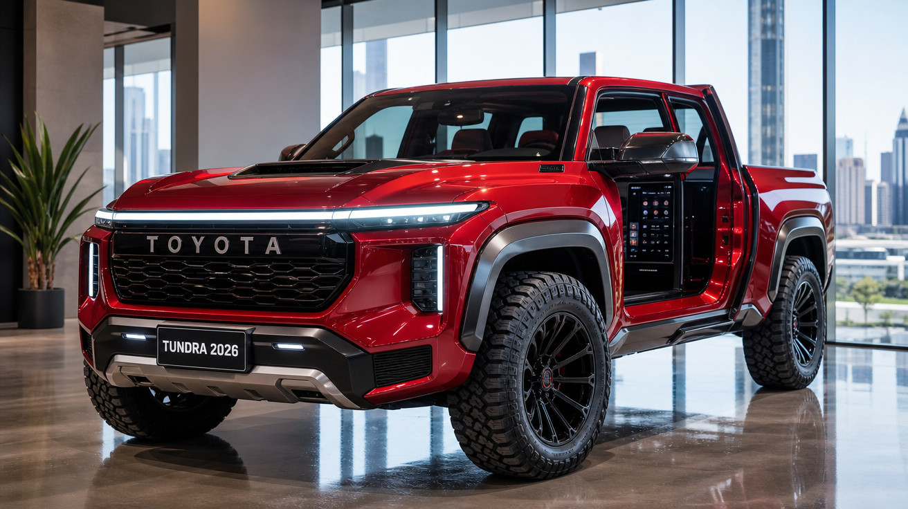 Pick-up Toyota Tundra 2026 vermelha com portas abertas, exibida num espaço moderno e iluminado.