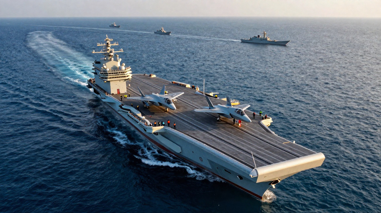 Porta-aviões em mar aberto com dois aviões de caça no convés e quatro navios de escolta ao fundo.