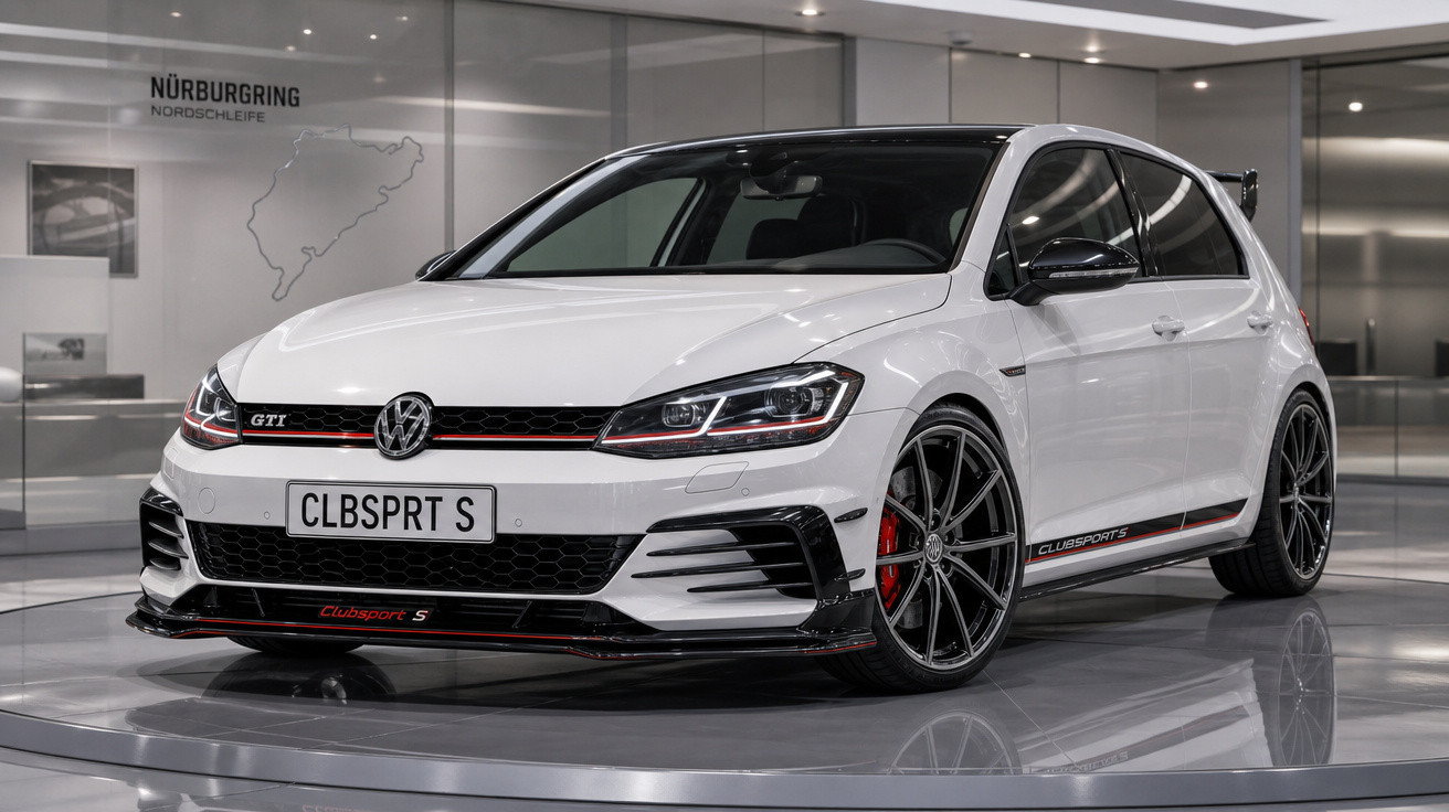 Volkswagen Golf GTI branco Clubsport S exposto em espaço moderno com chão refletor e parede com mapa Nürburgring.