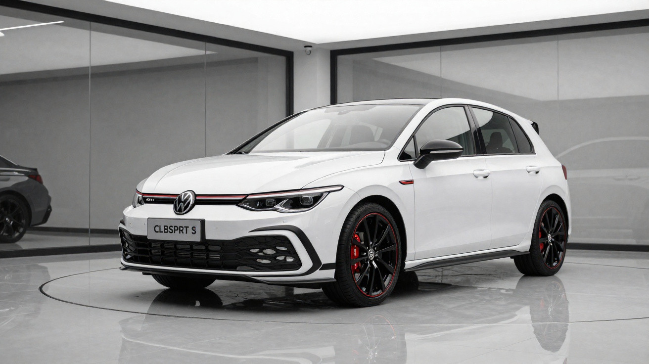 Carro compacto branco Volkswagen Golf GTI estacionado em showroom com rodas pretas e detalhes vermelhos.