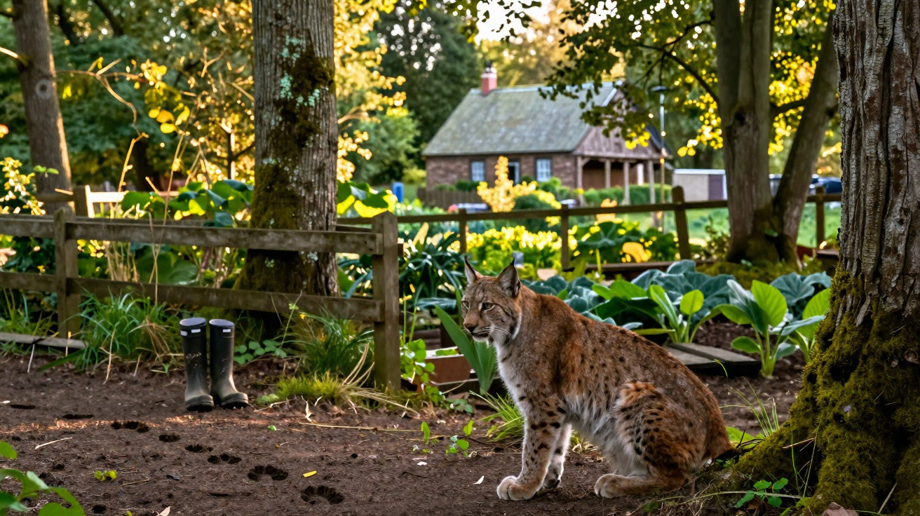 Lince sentado numa área de terra com vegetação, botas de borracha e casa rústica ao fundo numa floresta.