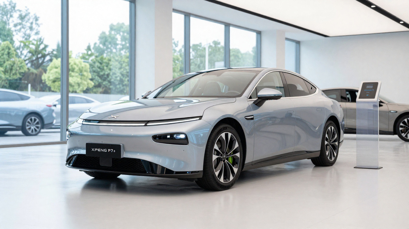 Carro elétrico XPeng P7+ cinzento estacionado numa sala de exposição moderna com janelas amplas.