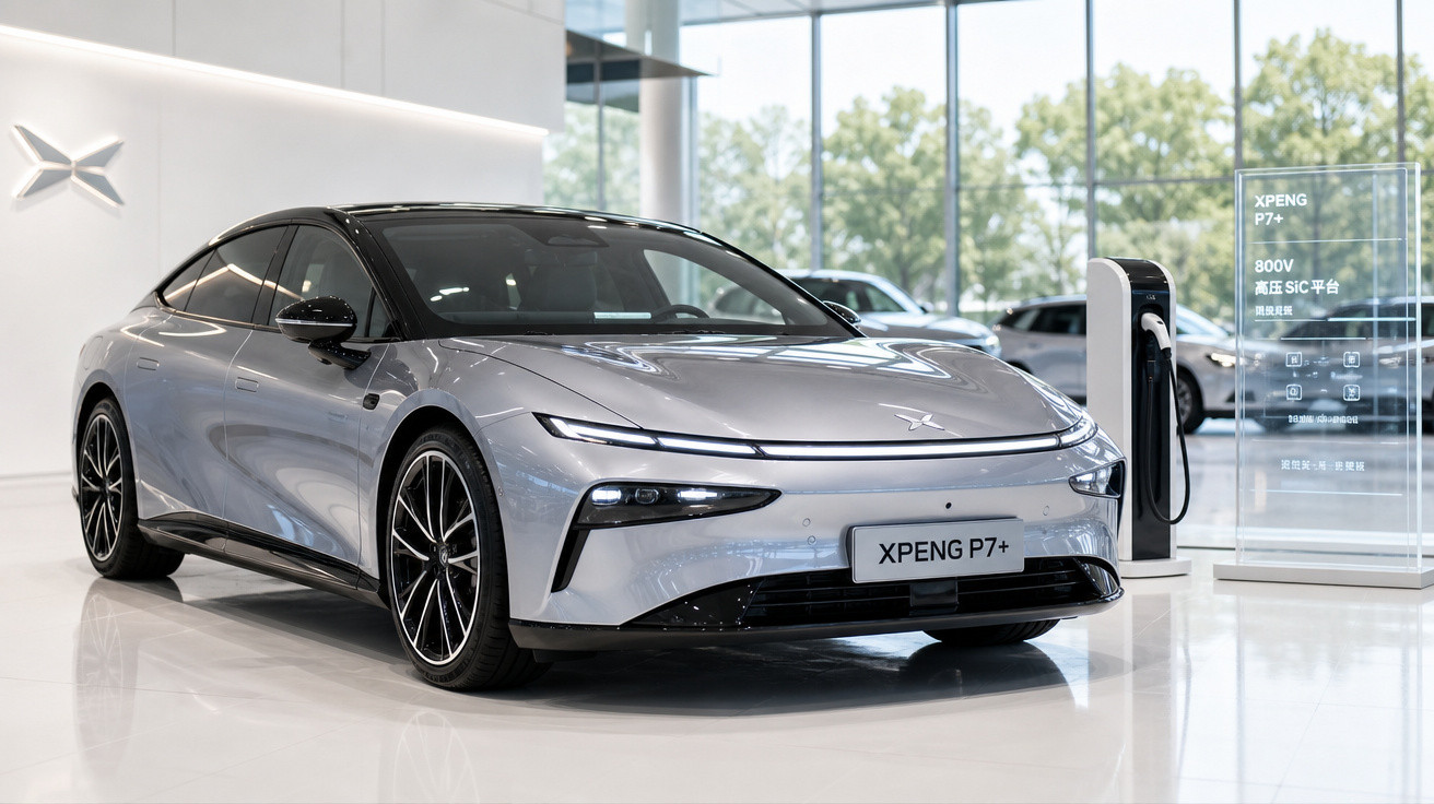 Carro elétrico cinza XPENG P7+ num showroom moderno com carregador elétrico ao lado.